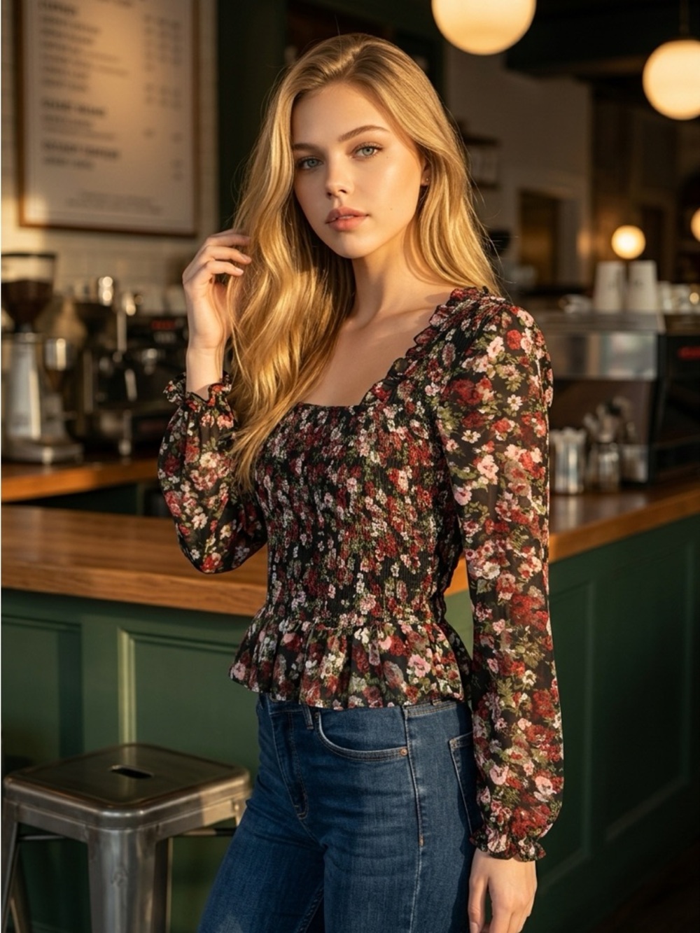 Smocked Black Floral Peplum Blouse with Long Sleeves